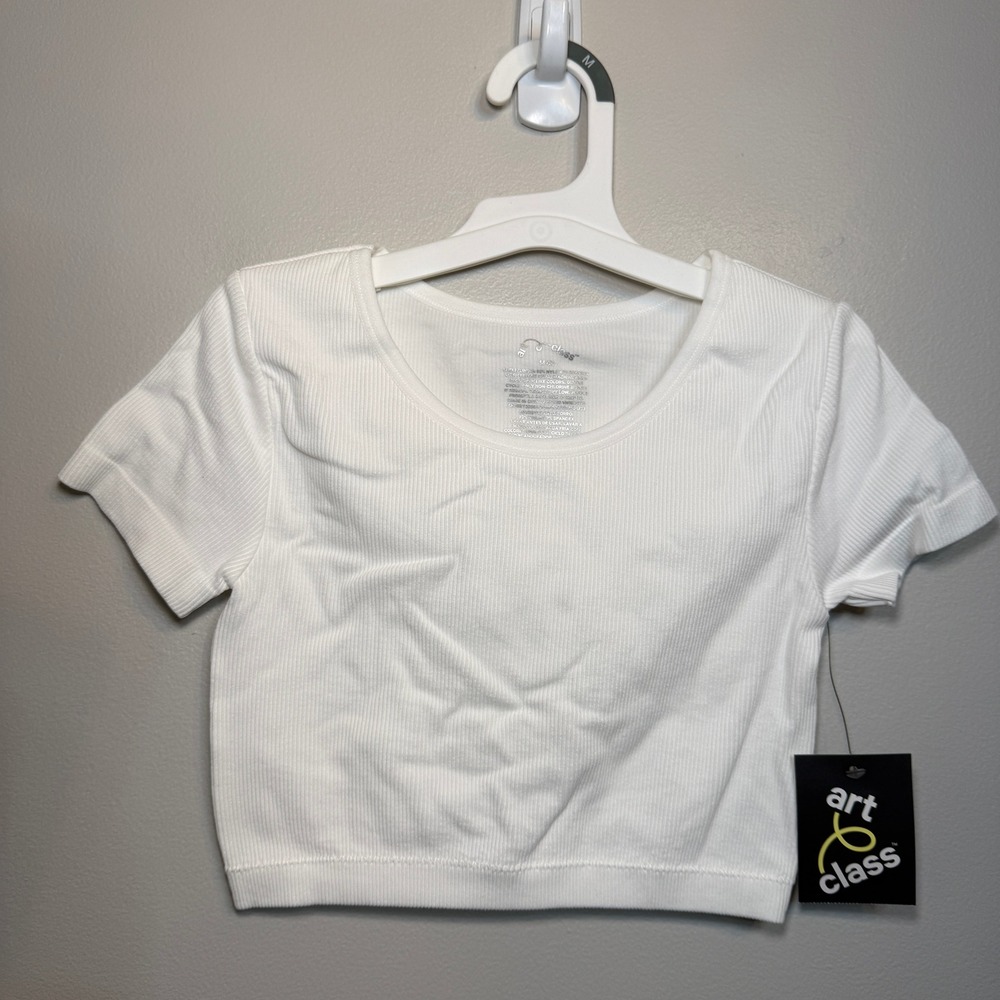 Art Class Girls White Ribbed Cropped Short Sleeve Shirt Size Medium 8 NWT